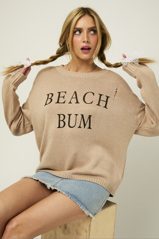 BEACH BUM Round Neck Long Sleeve Knit Sweater