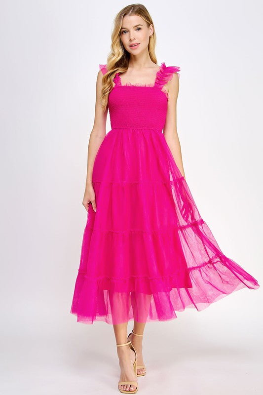 Aerin Sleeveless Tiered Tulle Midi Dress