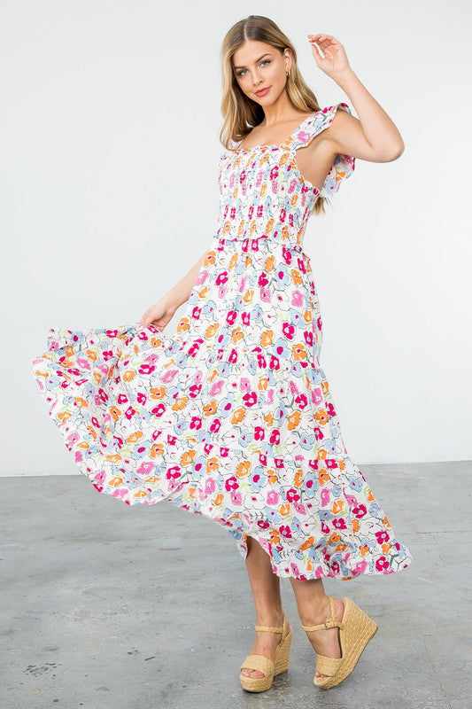 Astrid Smocked Floral Print Tiered Midi Dress