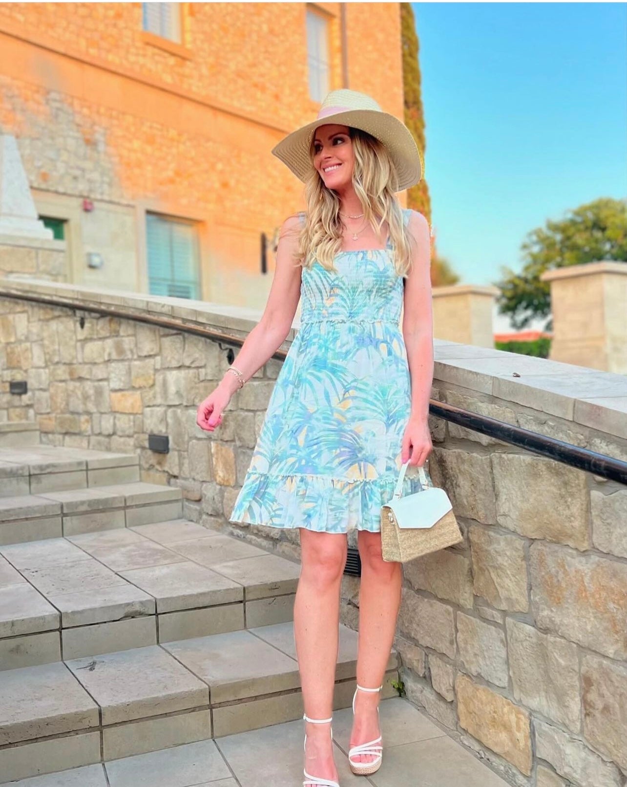 Palm Leaf Smocked Mini Dress