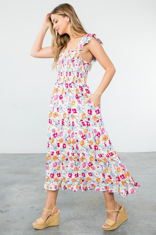 Astrid Smocked Floral Print Tiered Midi Dress