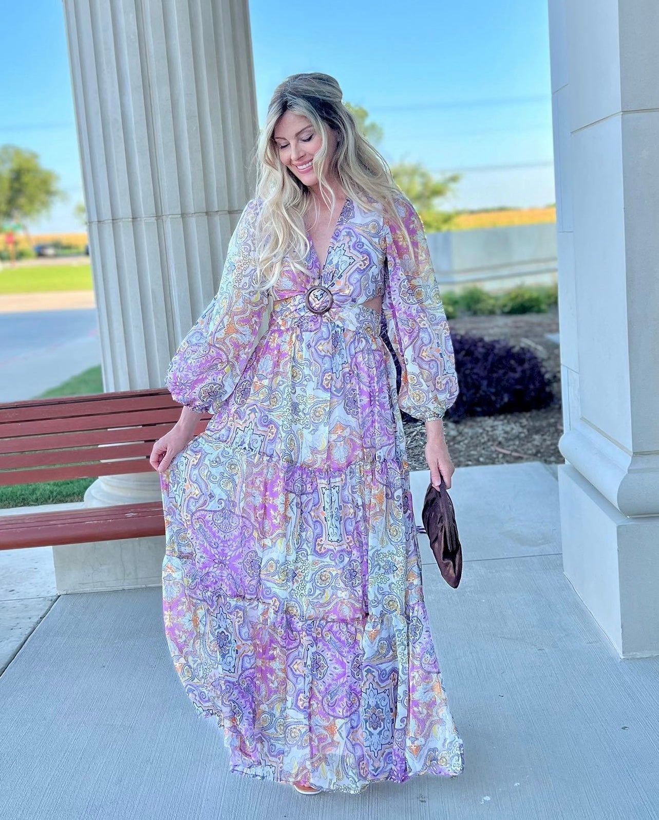 Presley Paisley Print Long Sleeve V-Neck Maxi Dress