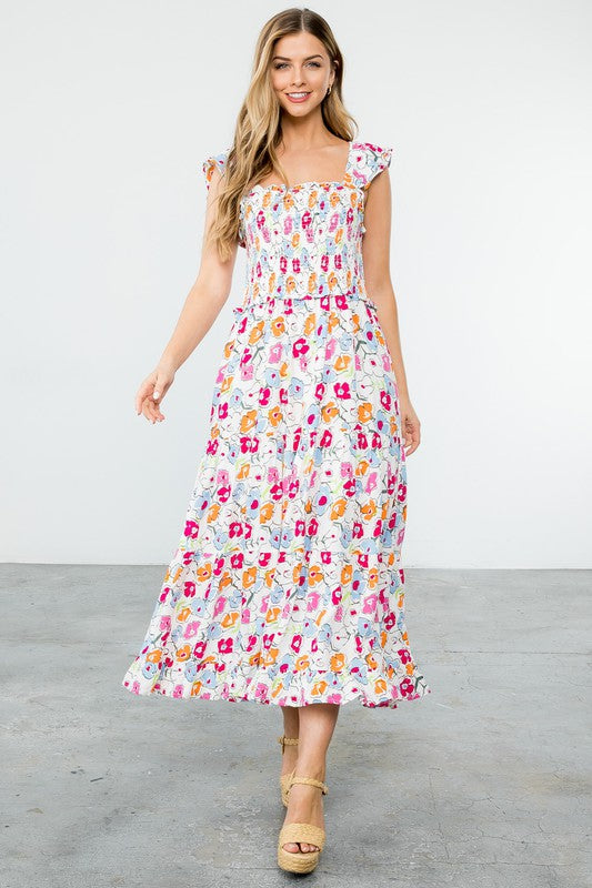 Astrid Smocked Floral Print Tiered Midi Dress