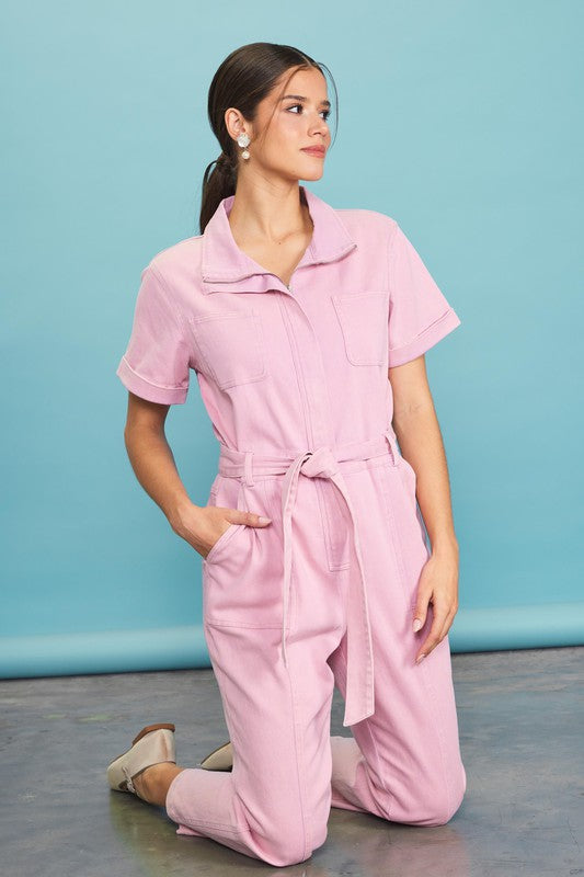 Margot Pink Zip-Up Utility Jumpsuit