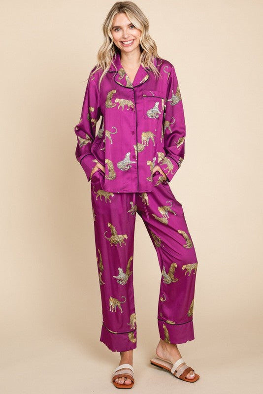 Lucia Satin Cheetah Print Pajama Set